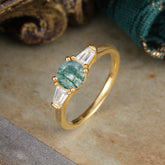 Round Cut Classic Moss Agate Engagement Ring Three Stone Wedding Ring